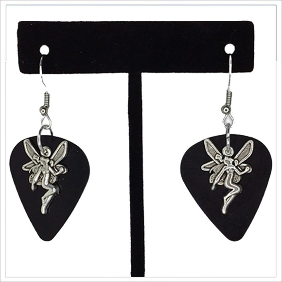 HAND Crafted Drop Earrings Recycled Guitar Pick with Fairy Angel Charm - Picture 1 of 6